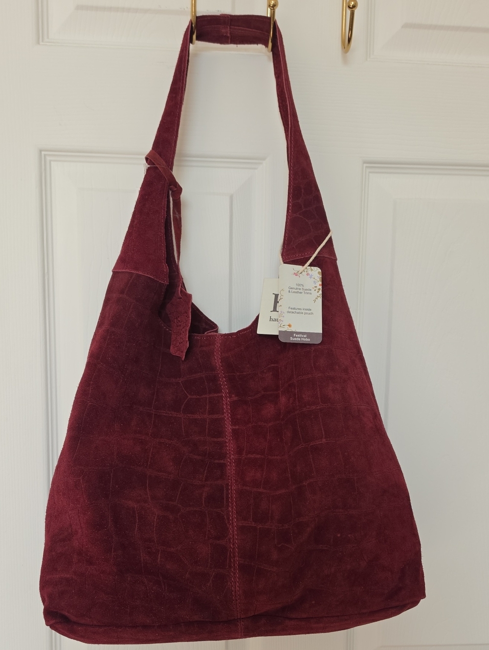Handmade Suede Croc-Embossed Hobo Bag - Burgundy